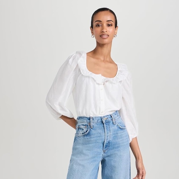 AYR Frill Seeker White Cotton Ruffle Scoop Neck Blouse - Small - Picture 3 of 10